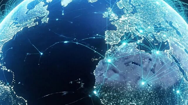 A glowing digital globe showing global connectivity networks in space