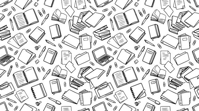 Black and white, seamless pattern, educational icons, book illustrations, learning objects