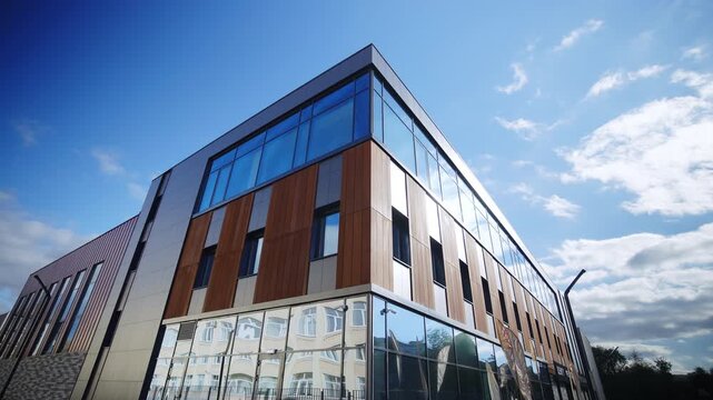 Building uses combinations of materials for facade: wood panels glass sections metal trim. Clean lines of design creates futuristic view