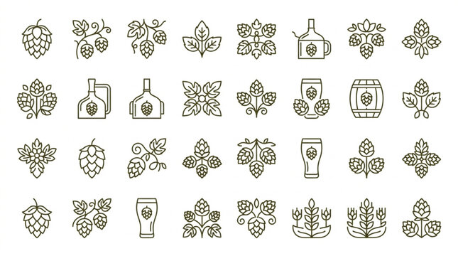 Hand Drawn Beer and Hop Line Art Icons Collection.