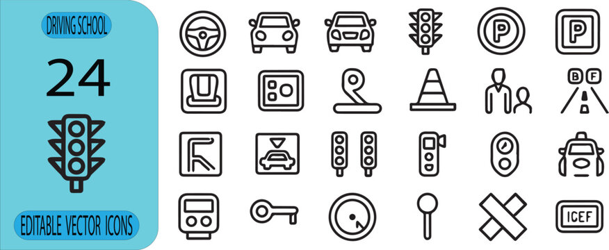 Driving School Line Icons Set Featuring Traffic Signals Cars Parking Steering Wheel Road Safety Editable Vector Collection Design