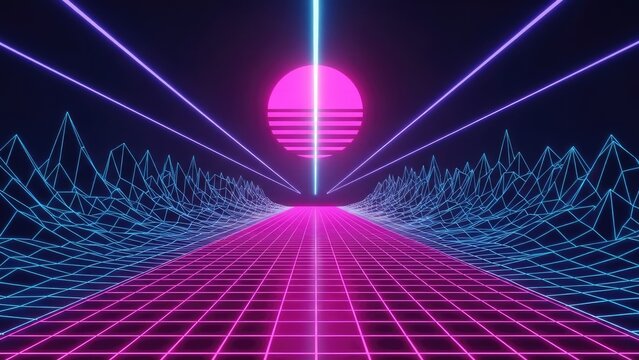 Retro synthwave digital landscape with sun and grid road.