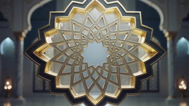 Golden islamic geometric pattern with light sweep motion background lo