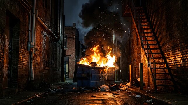 Burning dumpster in dark urban alley with fire escape stairs at night