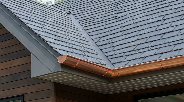 Close-up view of a modern house roof with dark gray asphalt shingles and a gleaming copper rain gutter system, showcasing architectural detail and durable construction