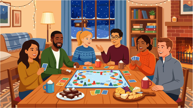 Group of diverse friends hosting a board game night with mugs of hot chocolate, brownies and cheese platters, cheerful winter gathering, colorful 2D flat vector illustration