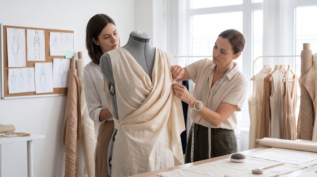 Draping fabric on mannequin, Muslin folds on dress form, Designer shaping garment, Clean fashion studio, Sculptural dress development