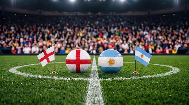 Soccer ball with England and Argentina flag design resting on a stadium pitch center circle, symbolic football rivalry concept.