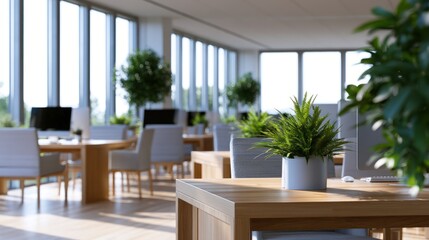 Fototapeta premium Sunlit open office with wooden desks, green plants, and modern chairs near large windows