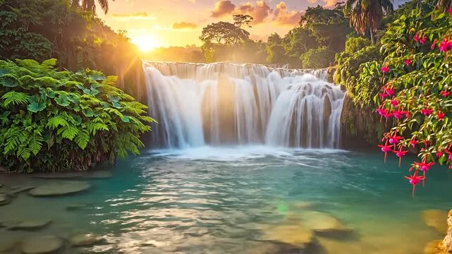 A majestic waterfall cascades into a serene turquoise pool during a vibrant golden sunset
