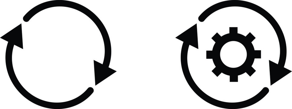 Circular arrow reset and gear system update vector icons. Minimalist black loop and process cycle signs. Sync and settings button graphic elements.