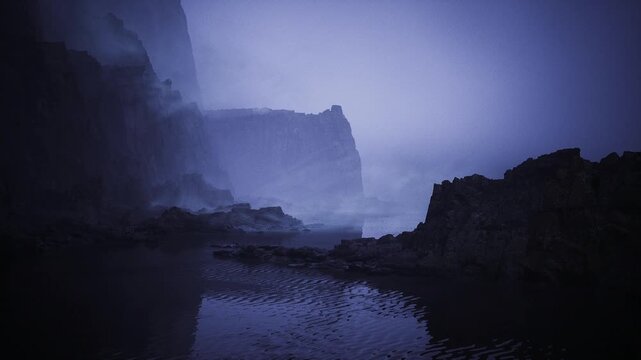 Rocky tidal pool under moody blue. Low tide exposing textured basalt, mirrored sky creating haunting reflection, distant cliff faces layered in haze.
