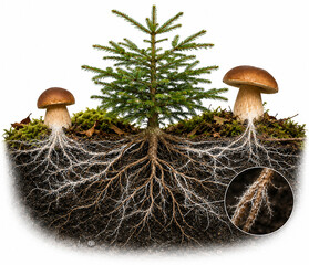 Obraz premium Scientific illustration of ectomycorrhizal symbiosis between a Norway spruce (Picea abies) and porcini mushrooms (Boletus edulis), showing roots, fungal mycelium, and nutrient exchange beneath the for
