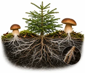 Scientific illustration of ectomycorrhizal symbiosis between a Norway spruce (Picea abies) and porcini mushrooms (Boletus edulis), showing roots, fungal mycelium, and nutrient exchange beneath the for © Vera Kuttelvaserova