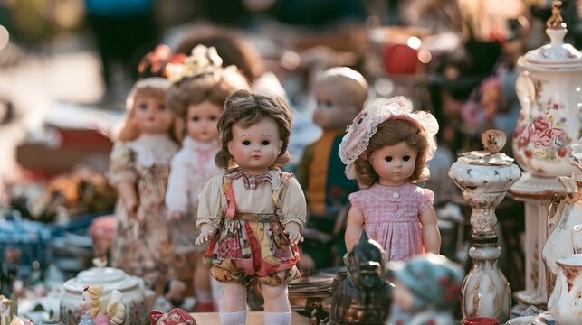Vintage porcelain dolls displayed on a market stall surrounded by antique trinkets under golden sunlight