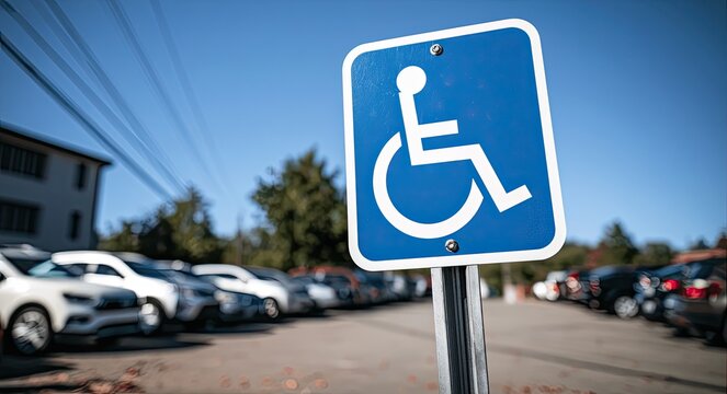 Blue handicapped parking sign in a lot with cars and trees
