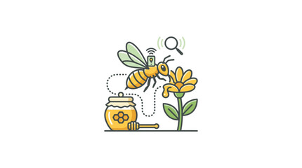 A bee collects nectar from a flower next to a honey jar and dipper. © Story