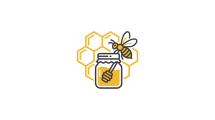 A bee collects nectar from a honey jar surrounded by a honeycomb in a garden. © Story