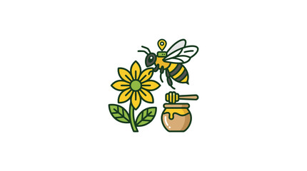 A bee collects nectar from a sunflower next to a honey pot. © Story