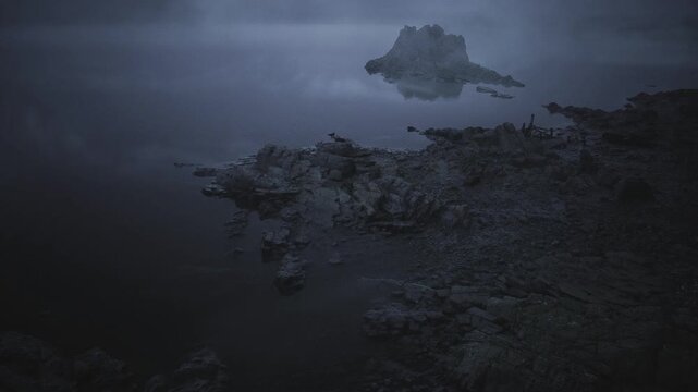 Solitary stony island surrounded by tranquil waters under hazy atmosphere. Quiet rugged island scene with peaceful waters and subdued sky ambiance