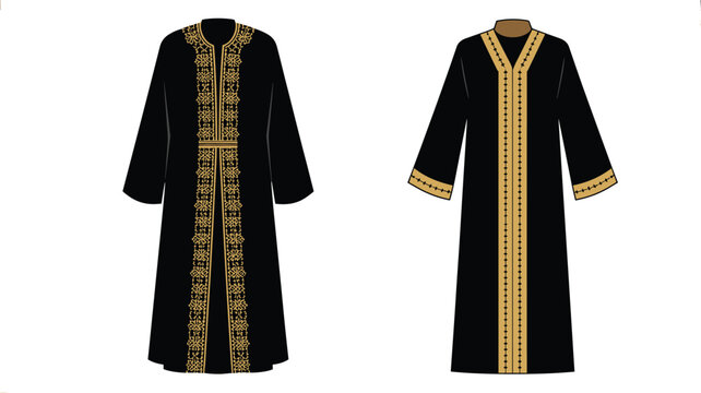 Traditional black Moroccan kaftan dresses with elegant gold embroidery vector illustration isolated on white