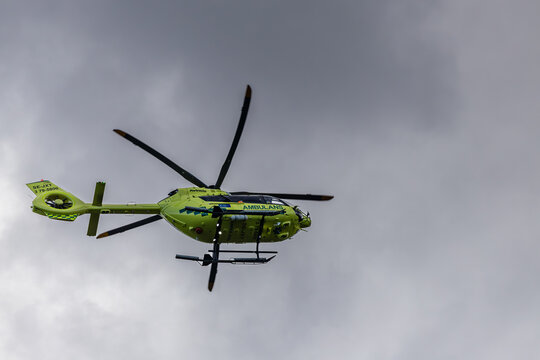 Akersberga, Sweden  An emergency medical helicopter at an automobile accident in summer.