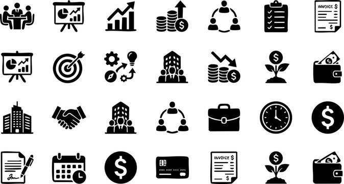 Business and finance glyph icons set including investment charts professional growth and money management