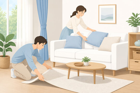 家族がクッションとラグを整えるリビングイラスト