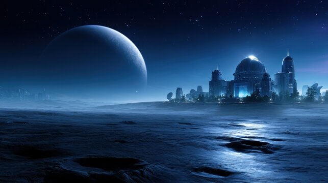 A futuristic cityscape under a starry night sky with a large planet and moonscape in the foreground