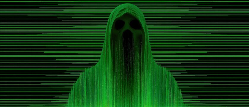 Eerie hooded figure emerges from vibrant green digital rain