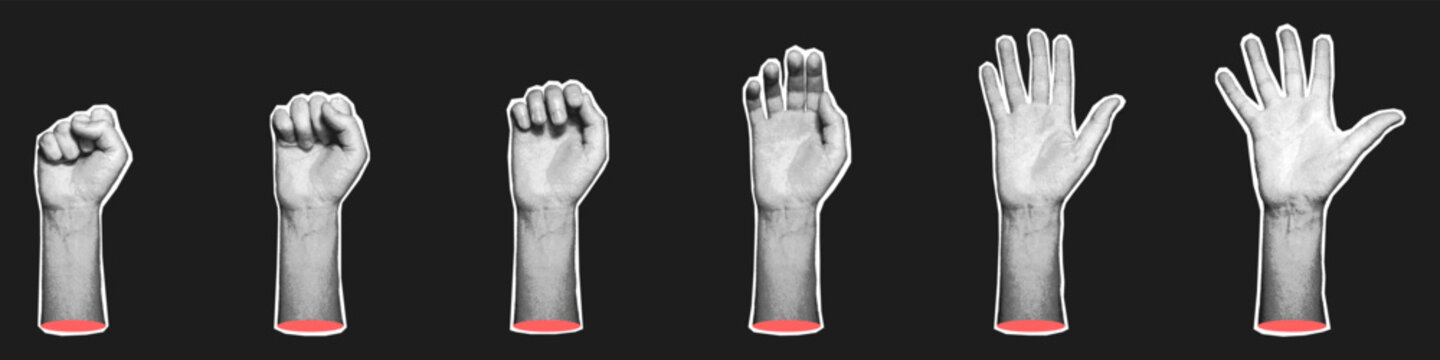 Set of halftone hands showing sequence from closed fist to open palm. Vector illustration for stop motion, gesture progression, and interaction concepts.