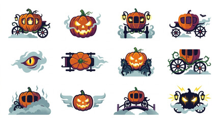 Naklejka premium Halloween Pumpkin Carriage Icons Set Vector Illustration.