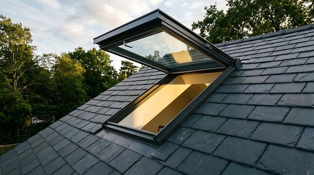 Sleek architectural design featuring a modern dormer window against a clear blue sky, highlighting contemporary roofing materials and natural light