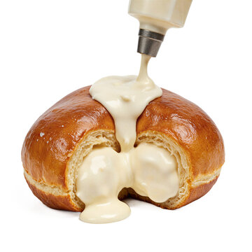 Bomboloni filling injection into a soft italian donut on a transparent background for food marketing and pastry design
