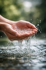 Fototapeta premium Hands cupping fresh flowing water.