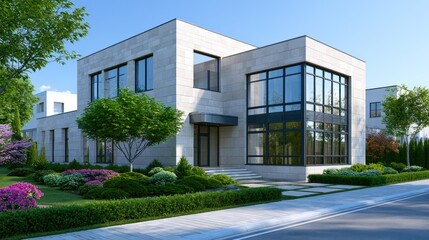 Fototapeta premium Modern two-story house with large windows, surrounded by lush garden on a sunny day