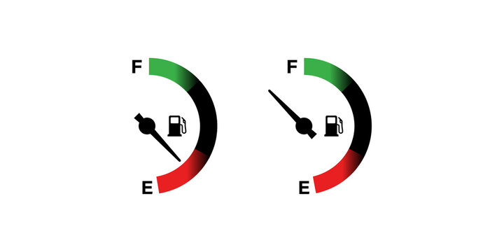 Dashboard fuel gauge scale meter icons with green and red levels isolated on transparent background