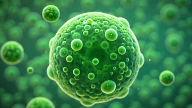 Microscopic view of green biological cells floating in a fluid