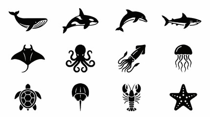 Black and white marine life icon collection. © brian