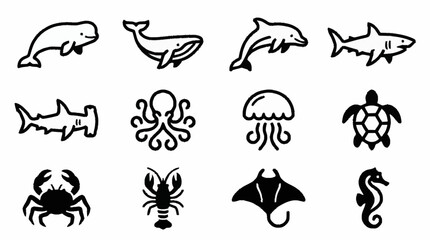 Black and white line art of various sea creatures. © brian