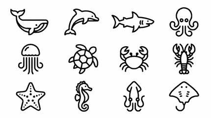 Black and white line art of various sea creatures. © brian