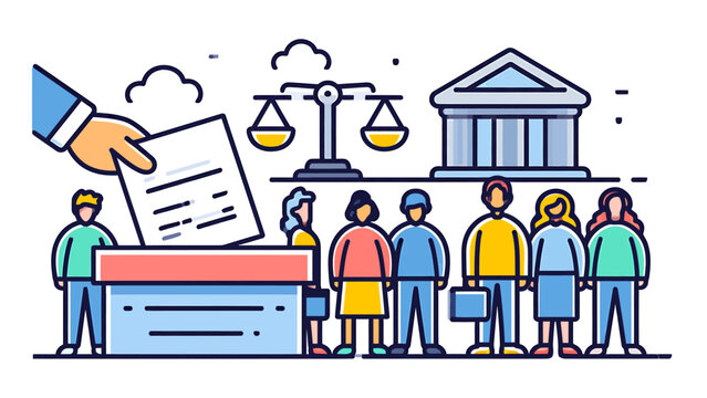 People stand in line at a voting booth with law building