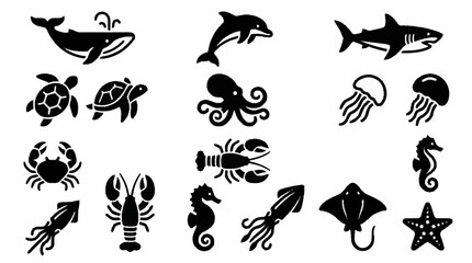 Black and white sea creature icons collection. © brian