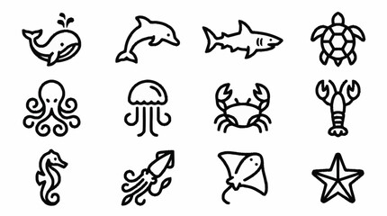 Black and white line art of various sea creatures. © brian