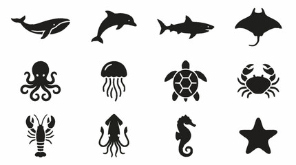 Black and white marine animal silhouette icons set. © brian