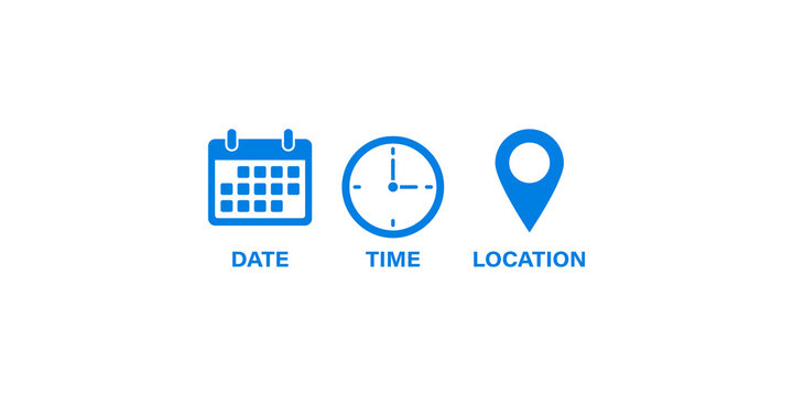 Blue digital calendar clock and map pointer pinpoint icons isolated on transparent background