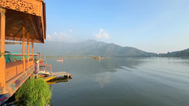 Srinagar, Dal Lake Shikara rides houseboat aerial view, Jammu and Kashmir, India. Breathtaking view of House boat in Kashmir valley. Boat on the dal lake. Beautiful View of Dal Lake Kashmir India