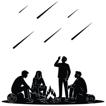 Group of friends sitting around campfire watching meteor shower vector silhouette.
