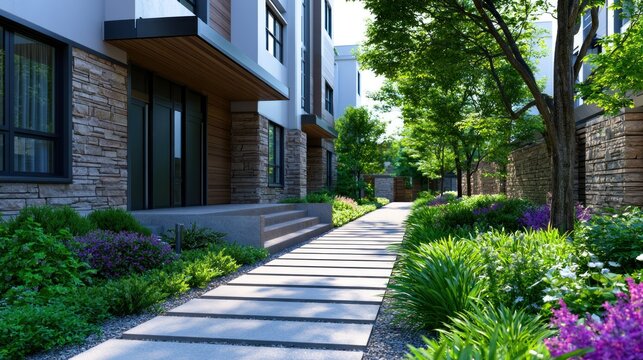 Modern apartment buildings with lush landscaped gardens and a serene walkway in bright sunlight