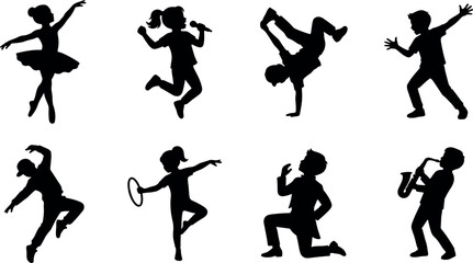 Children performing arts and talents silhouettes set including dancing singing playing instruments and gymnastics © Shaharia Shaharia